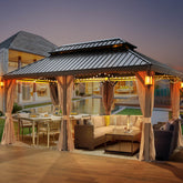 12'x20' Galvanized Steel Hardtop Gazebo Aluminum Frame with Netting & Curtains, Brown